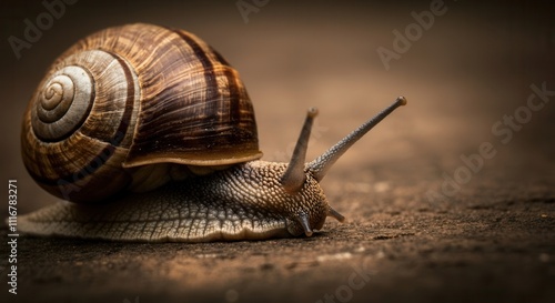 Close-up of a brown garden snail with a detailed shell crawling on a textured surface outdoors, AI photo