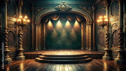 This empty, atmospheric vintage stage, designed for burlesque dance, enhances the retro theater vibeâ€”ideal for captivating fashion photography and artistic expressions.