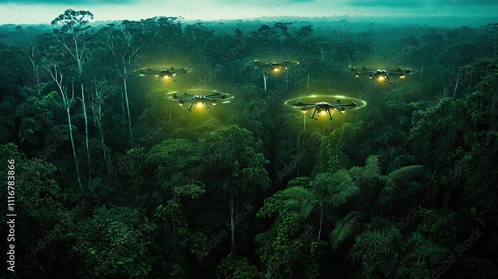Naklejka premium Flying machines above lush, dark green jungle.