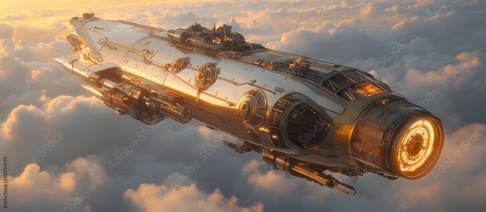 Futuristic airship soaring above clouds at sunset. Futuristic airship soaring above clouds at sunset.