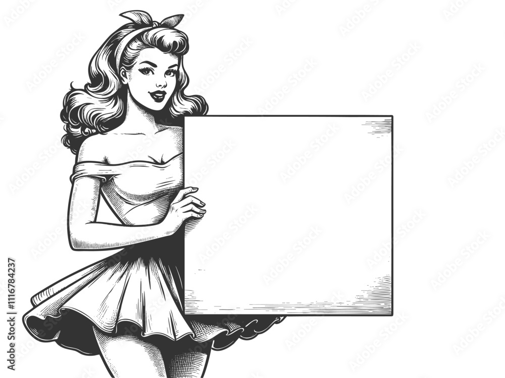 woman holding a blank poster sign, ready for customizable text, in classic pin-up pose sketch engraving generative ai fictional character vector illustration. Black and white image.