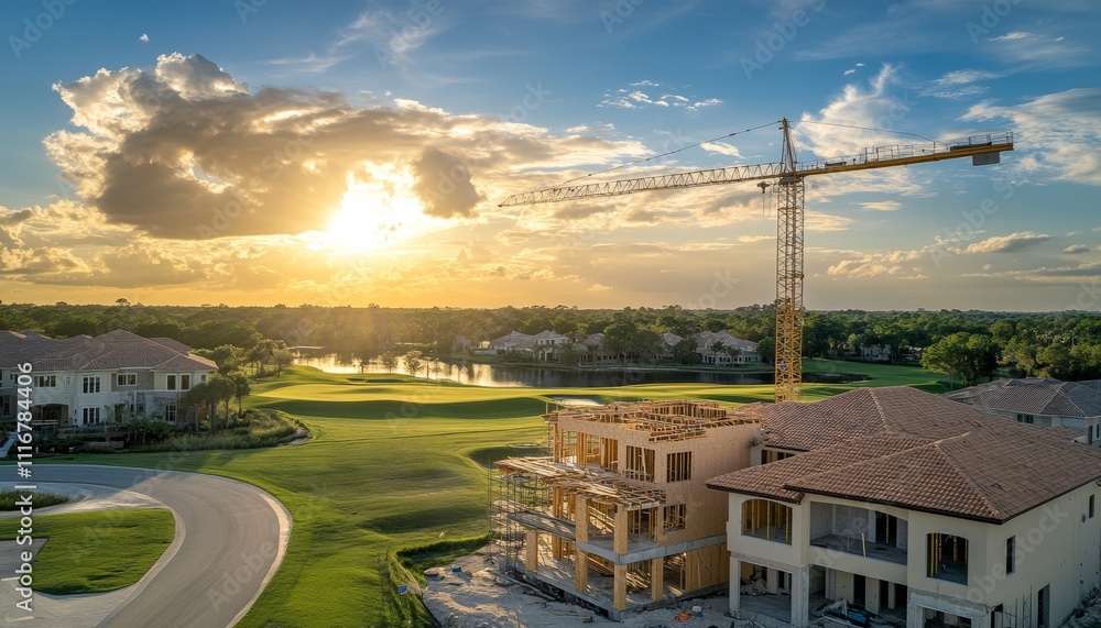 Fototapeta premium Aerial view of florida construction site with homes near a golf course and serene lake