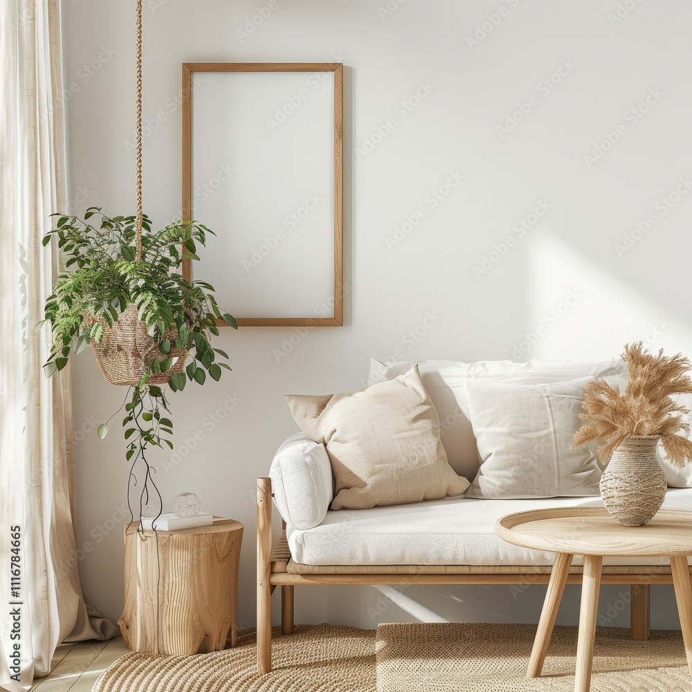 Naklejka premium Minimalist living room interior with a white sofa. wooden coffee table. and a hanging plant