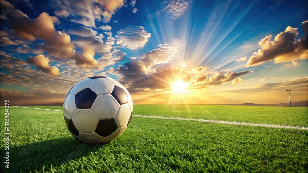 Naklejka premium Under a clear blue sky, a soccer ball stands out on a lush green field, captivating sports enthusiasts and outdoor lovers who crave active, joyful playtime.