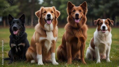 Four happy dogs sitting in a row on green grass.