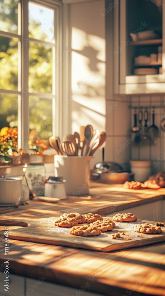 Sunlit Cozy Kitchen with Freshly Baked Cookies on Wooden Cutting Board, Warm Domestic Scene, Rustic Home Baking, Relaxing Morning Atmosphere, Culinary Comfort Sunlit Cozy Kitchen with Freshly Baked Cookies on Wooden Cutting Board, Warm Domestic Scene, Rustic Home Baking, Relaxing Morning Atmosphere, Culinary Comfort