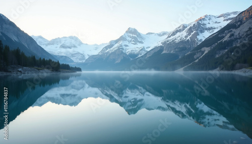 Serene mountain lake reflecting snow capped peaks at sunrise  tranquil and pristine.