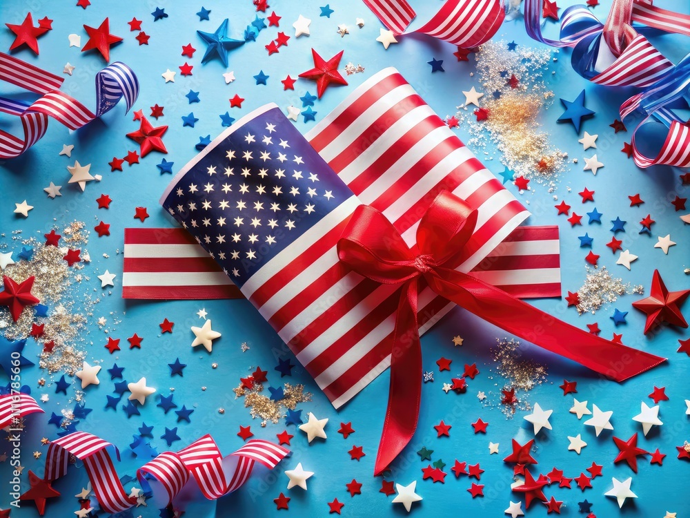 Fototapeta premium Vibrant flat lay showcasing the US flag adorned with ribbons and confetti, embracing the joyful spirit of the 4th of July celebration, perfect for festivities.