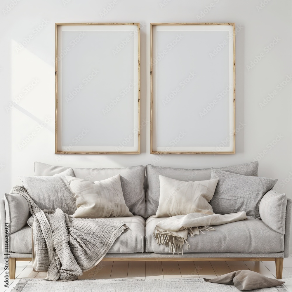 Cozy living room with a gray sofa. two empty frames and a throw blanket Cozy living room with a gray sofa. two empty frames and a throw blanket
