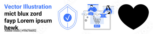 Shield with checkmark, two shoppers over online store interface, and black heart. Ideal for e-commerce, security, trust, privacy, shopping online transactions user protection. Landing page