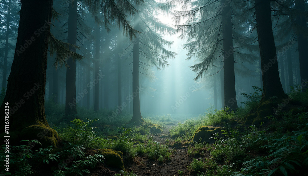 Obraz premium Sunbeams pierce through a misty mystical forest illuminating a path between ancient trees.