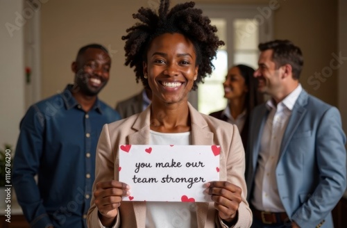 Smiling woman holding a card with a heartwarming message, surrounded by a cheerful, diverse team, symbolizing teamwork, appreciation, and Valentine's Day positivity