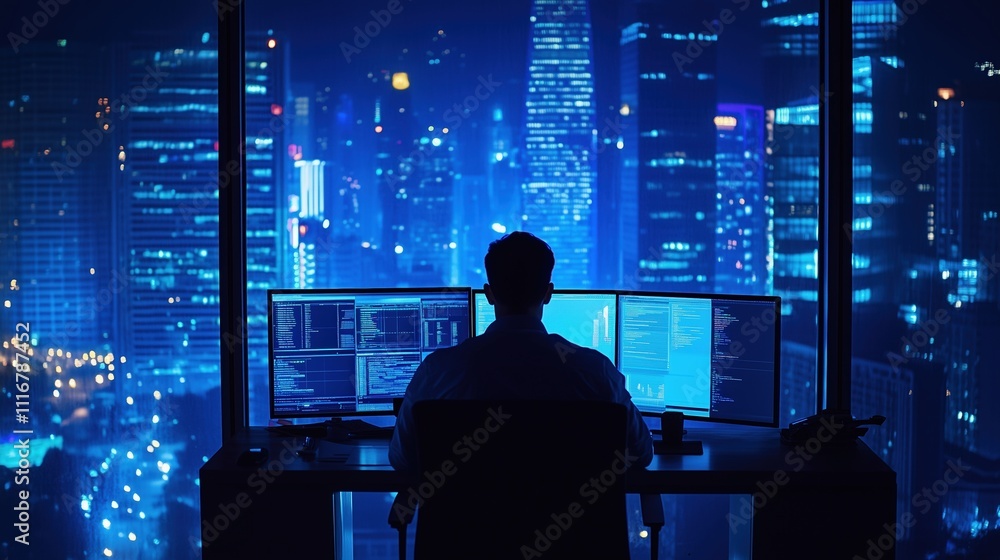 Man working on multiple screens with cityscape view at night, data analysis focus Man working on multiple screens with cityscape view at night, data analysis focus
