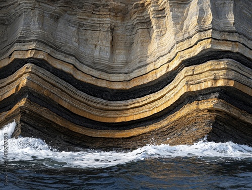 Scenic view of coastal cliffs with layered rock lines, ocean waves below, dramatic summer sunlight photo