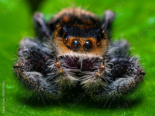 Phidippus audax macro jumping spider, Hairy, black jumping spider sits on a green leaf. photo