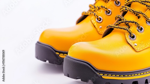 Modern steel-toe safety shoes, close-up with leather grain detail, vibrant laces, side and front view, isolated on pure white for commercial use photo