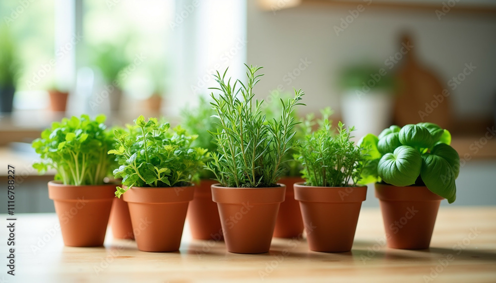 Fototapeta premium A collection of fresh herbs in terracotta pots a kitchen garden.
