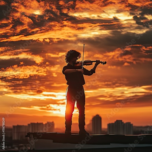 Silhouette of musician playing stringed instrument at sunset.