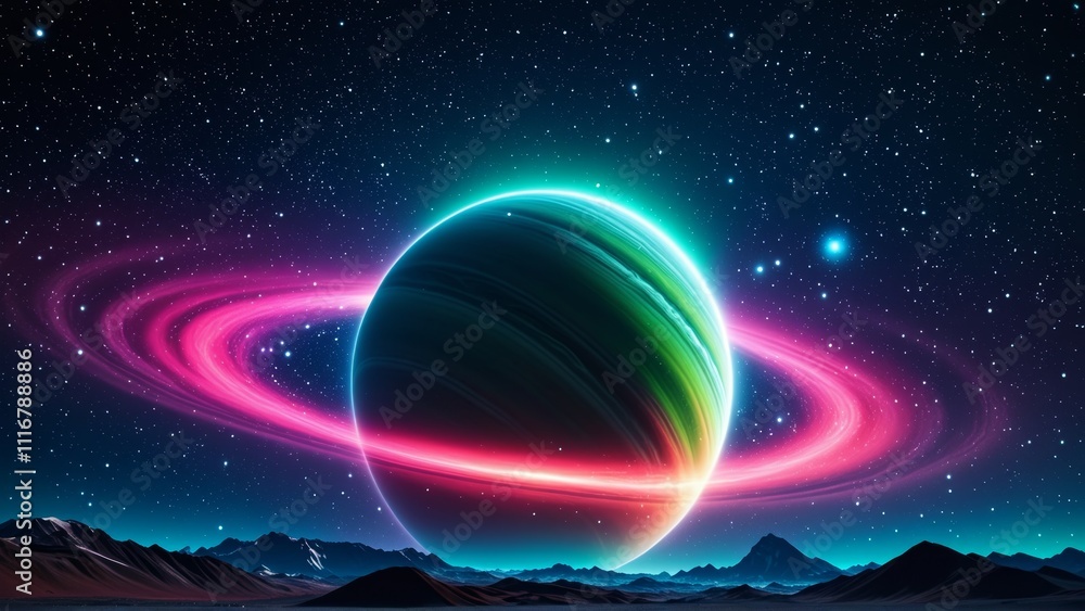 Fototapeta premium Colorful cosmic planet with rings in starry night sky over mountain landscape