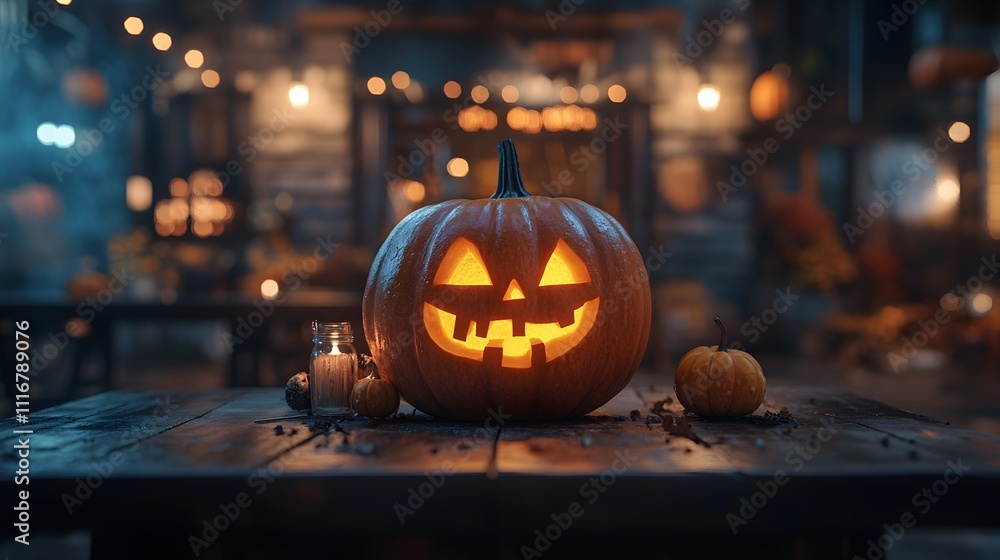 Fototapeta premium Lit Jack-o'-lantern on rustic wooden table with small pumpkins and candle, Halloween night market background.