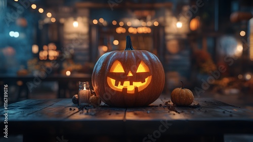 Lit Jack-o'-lantern on rustic wooden table with small pumpkins and candle, Halloween night market background. photo