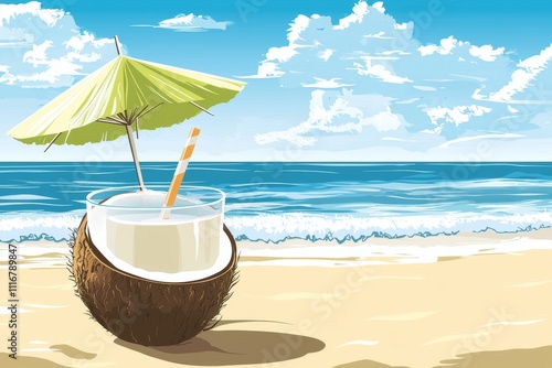 Wallpaper Mural A refreshing coconut drink with a straw and umbrella on a sunny beach, surrounded by vibrant blue skies and ocean waves. Torontodigital.ca