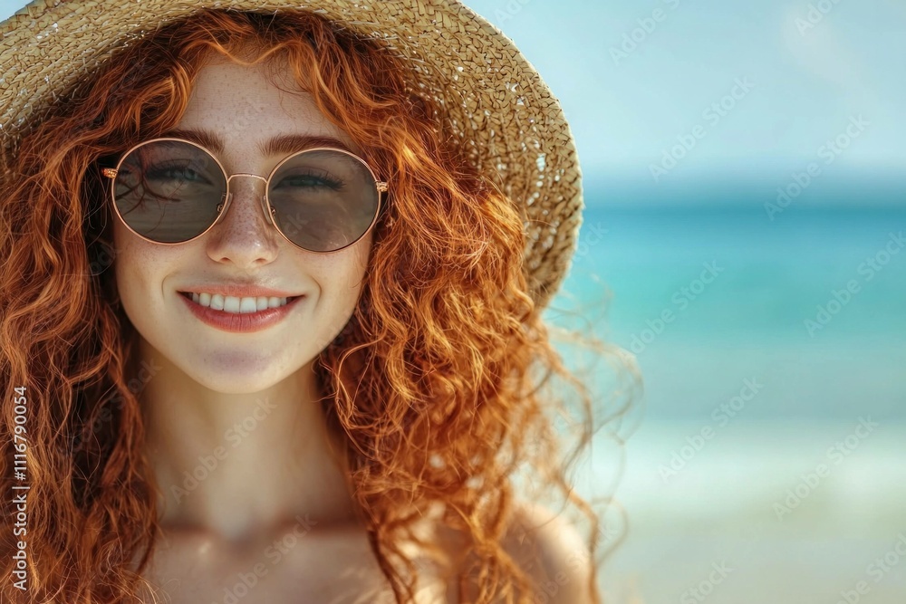 Cheerful young woman with curly red hair wearing sunglasses and a straw hat, smiling at the beach under bright sunlight. Summer and vacation vibes. Cheerful young woman with curly red hair wearing sunglasses and a straw hat, smiling at the beach under bright sunlight. Summer and vacation vibes.