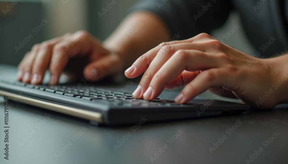 Close up of hands typing on a keyboard showcasing efficient work and digital interaction. Close up of hands typing on a keyboard showcasing efficient work and digital interaction.