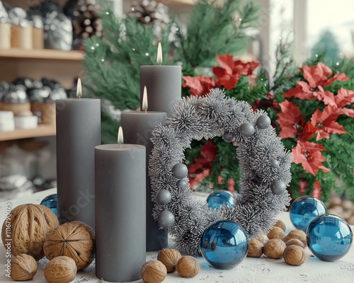 A festive arrangement featuring gray candles, a silver wreath, blue ornaments, and natural nuts, capturing the holiday spirit. photo