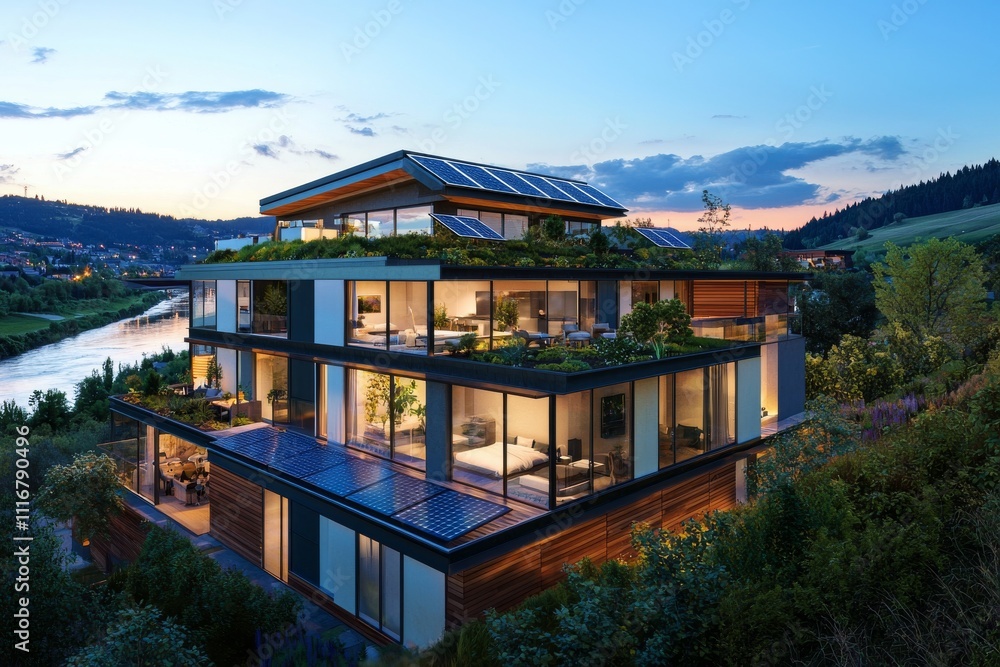 Obraz premium A modern family home with solar panels, showcasing sustainable living amidst a picturesque sunset.
