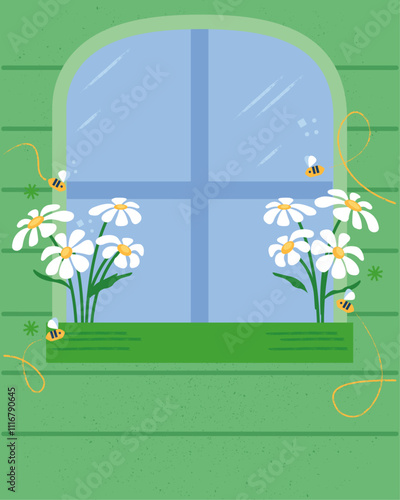 Bees buzzing around daisies in a window planter. Green summer scene of flowers and insects.