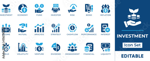 Investment Icon Set. Features editable icons for investment, finance, money, banking, stock market, and more. Perfect for business, finance, and investment-related designs.
