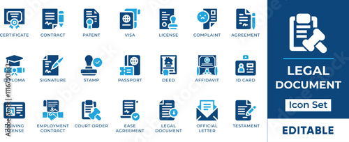 Legal Document Icon Set. Features editable icons for legal document symbols, contracts, agreements, certificates, licenses, and more. Perfect for legal, business, and government designs.