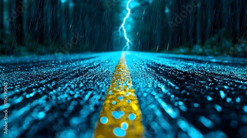 Close up of rain slick road through a dense forest, a sudden flash of lightning reveals chilling forms hidden in the foliage, eerie and unsettling, wet forest road, mysterious fear photo