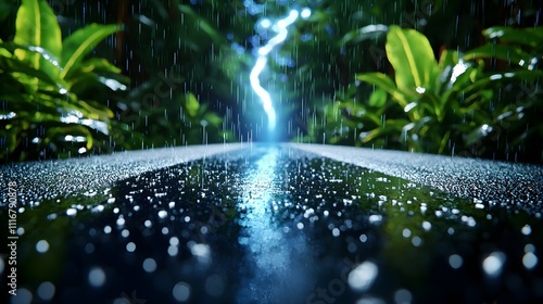 Close up of rain slick road through a dense forest, a sudden flash of lightning reveals chilling forms hidden in the foliage, eerie and unsettling, wet forest road, mysterious fear photo