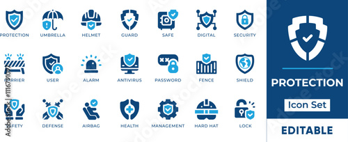 Protection Icon Set. Features editable icons for security symbols, safety, defense, privacy, antivirus, and more. Perfect for cybersecurity, IT, and security-related designs.
