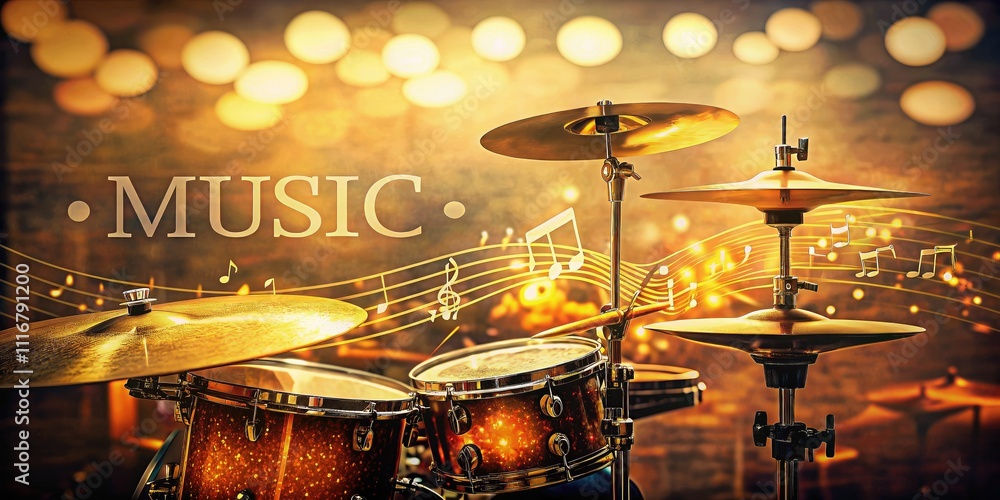 Fototapeta premium Vintage musical backdrop featuring golden drums and retro aesthetics, showcasing artistic imagery of drum sets with jazz and rock influences for a distinctive decor.