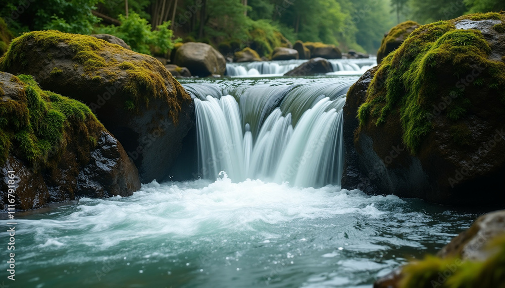 Fototapeta premium Serene waterfall cascading over moss covered rocks in a lush green forest.
