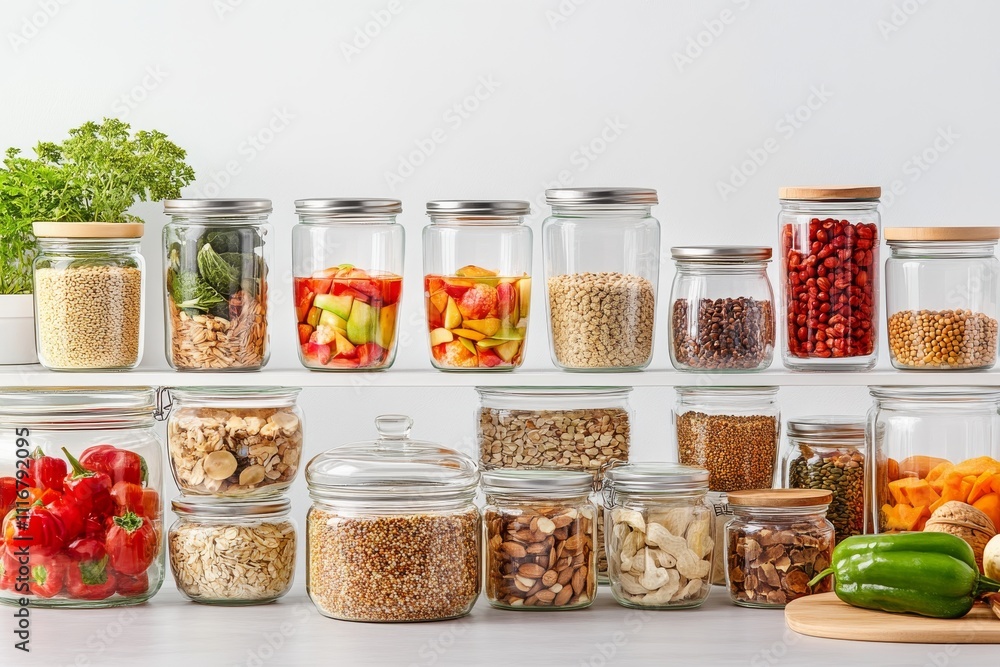 A colorful display of various food items in glass jars on a clean white shelf, showcasing healthy ingredients and organization. A colorful display of various food items in glass jars on a clean white shelf, showcasing healthy ingredients and organization.