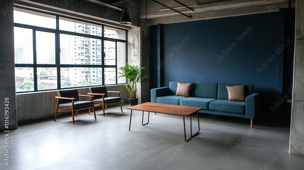 A modern living room featuring a blue wall, a cozy sofa, wooden furniture, and large windows allowing natural light. A modern living room featuring a blue wall, a cozy sofa, wooden furniture, and large windows allowing natural light.
