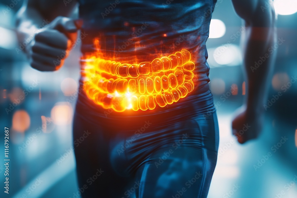 Fototapeta premium Sportsinduced gut dysbiosis depicted through digestive health data mapping system showing how intense workout disturb gut microbiota balance