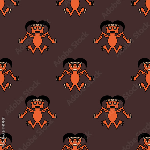 Seamless ethnic pattern with stylized human figurines. Print with Indian men. Indigenous Native American design from ancient Peru. Recuay culture. 