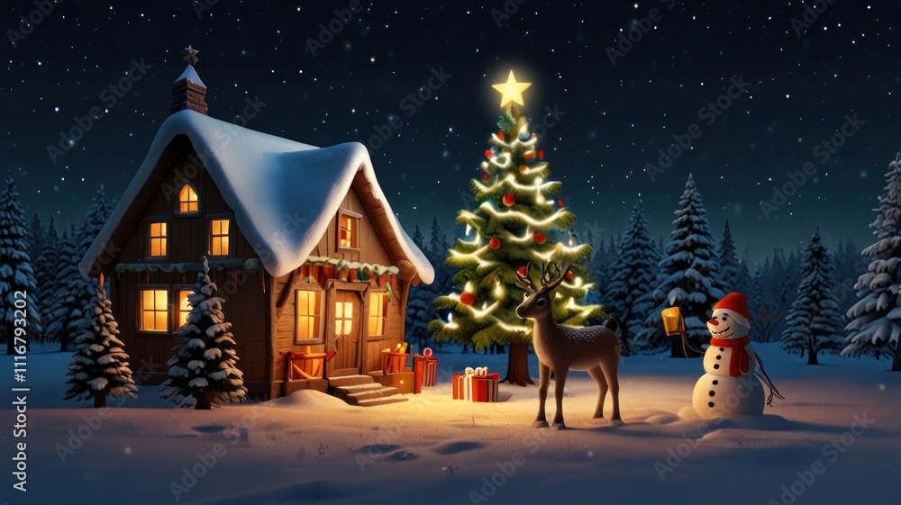 Cozy Christmas cabin, tree, deer, snowman, night scene. Cozy Christmas cabin, tree, deer, snowman, night scene.