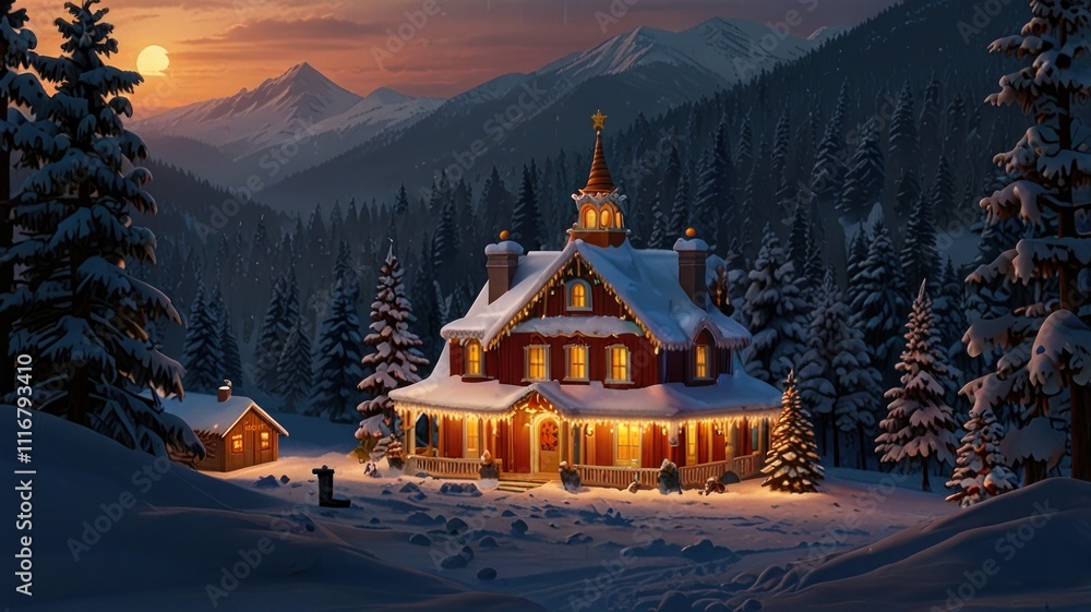 Snowy Christmas house in mountain valley at sunset. Snowy Christmas house in mountain valley at sunset.