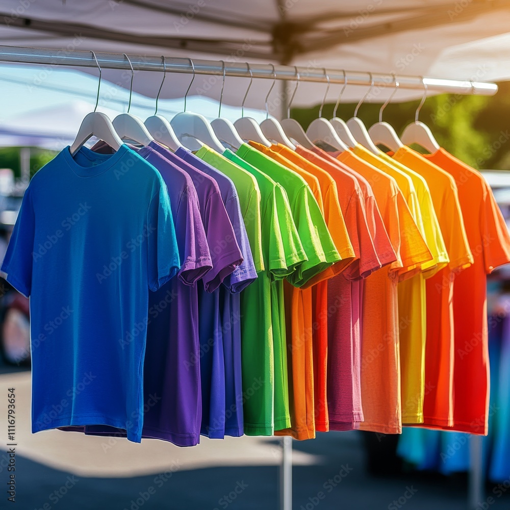 Obraz premium Colorful display of vibrant t-shirts hanging in a row, showcasing a rainbow of hues under a sunny market tent.