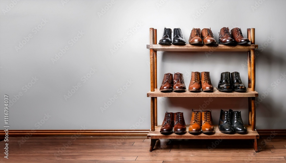 Stylish men's leather boots neatly arranged on a wooden shelf. Stylish men's leather boots neatly arranged on a wooden shelf.