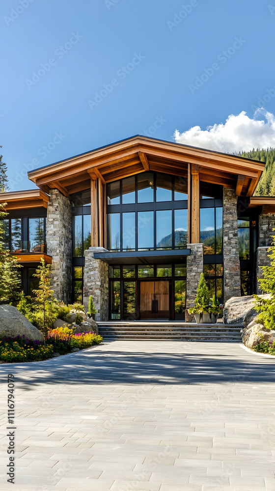 Fototapeta premium Modern Aspen Mountain Lodge with Snow Peak Views and Glass Walls, Luxury Colorado Alpine Estate with Stone Details