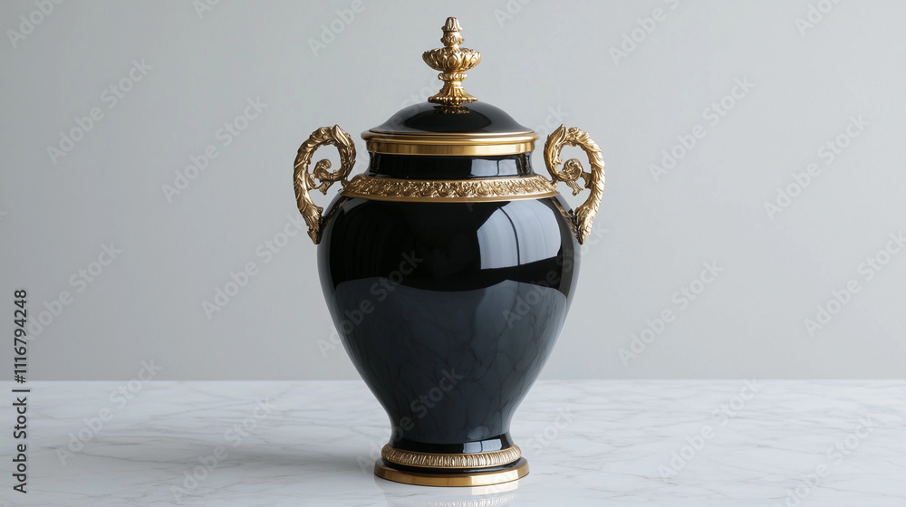 Naklejka premium Funeral urn, classic black and gold with ornate handles, standing on a polished marble surface with clear copy space above