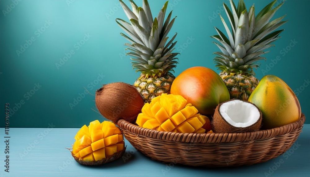 Tropical fruits in a wicker basket. Tropical fruits in a wicker basket.