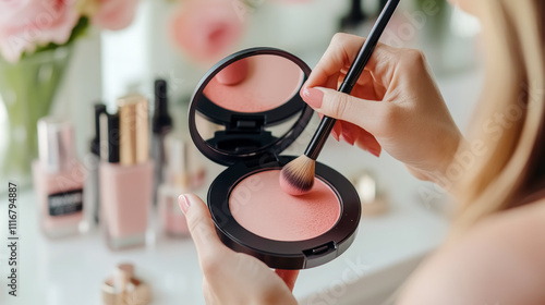 Elegant beauty ritual of a mature woman applying blush with a delicate touch in a sunlit bathroom filled with luxurious makeup products